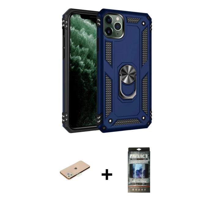 MARSİLYAN™- iPhone 11 Pro Kılıf Ahenk Klasik Koleksiyonu - Siyah 34D Hayalet Izgaralı Cam + Renkli Kamera Lens Koruma Cam - YL
