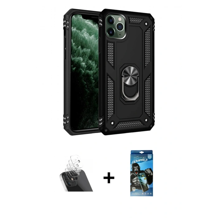 MARSİLYAN™- iPhone 11 Pro Kılıf Ahenk Klasik Koleksiyonu - Siyah 34D Izgaralı Cam + Kamera Lens Koruma Cam - SF