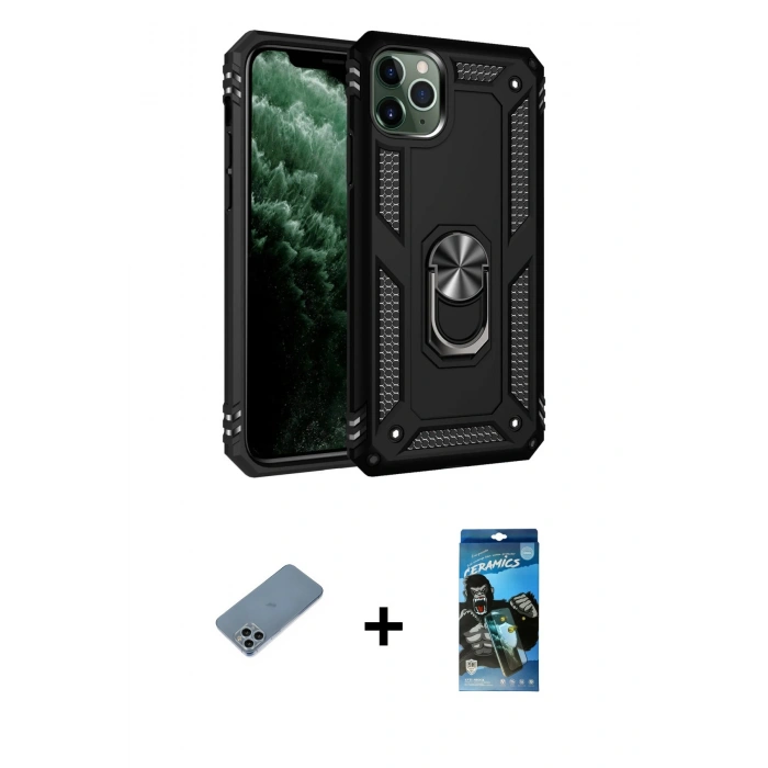 MARSİLYAN™- iPhone 11 Pro Kılıf Ahenk Klasik Koleksiyonu - Siyah 34D Izgaralı Cam + Shine Kamera Lens Koruma Cam - SABE