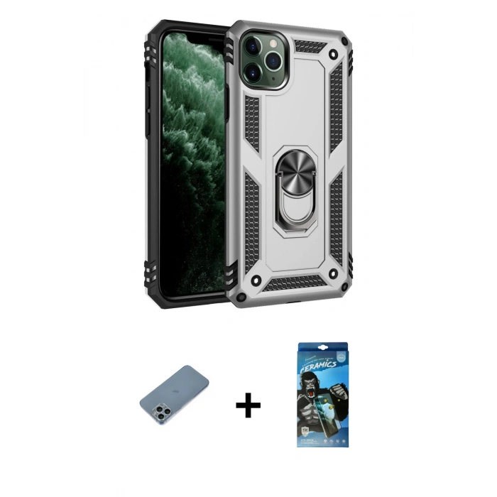 MARSİLYAN™- iPhone 11 Pro Kılıf Ahenk Klasik Koleksiyonu - Siyah 34D Izgaralı Cam + Shine Kamera Lens Koruma Cam - SABE