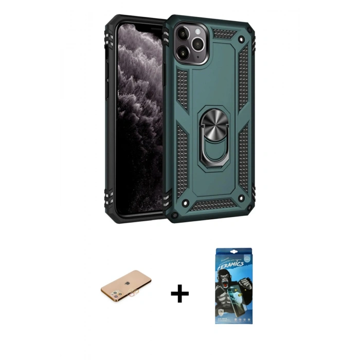 MARSİLYAN™- iPhone 11 Pro Kılıf Ahenk Klasik Koleksiyonu - Siyah 34D Izgaralı Cam + Renkli Kamera Lens Koruma Cam - TU