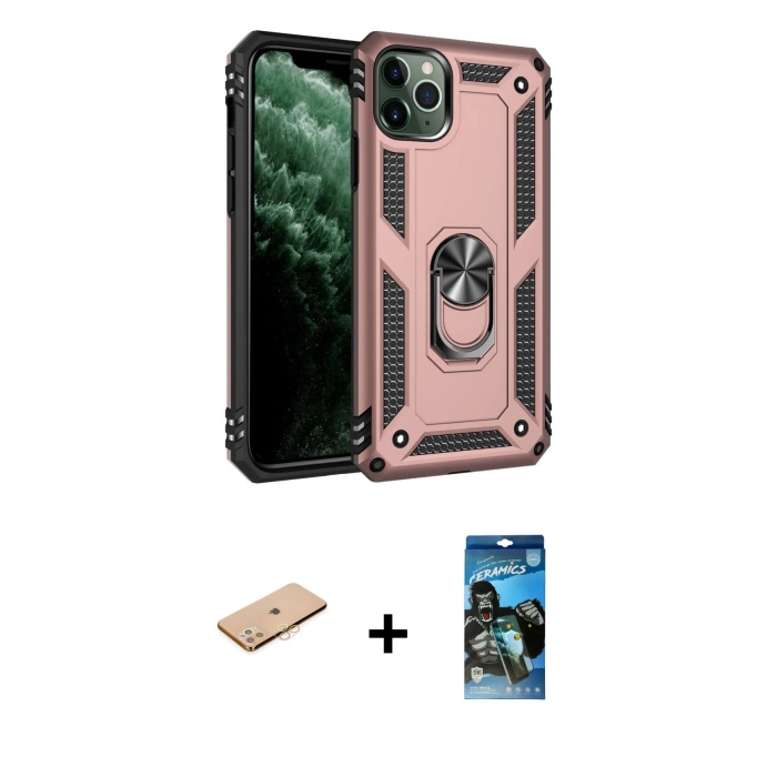 MARSİLYAN™- iPhone 11 Pro Kılıf Ahenk Klasik Koleksiyonu - Siyah 34D Izgaralı Cam + Renkli Kamera Lens Koruma Cam - TU