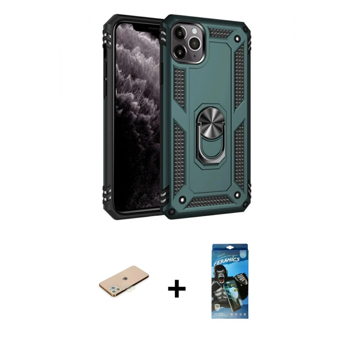MARSİLYAN™- iPhone 11 Pro Kılıf Ahenk Klasik Koleksiyonu - Siyah 34D Izgaralı Cam + Yeşil Renkli Kamera Lens Koruma Cam
