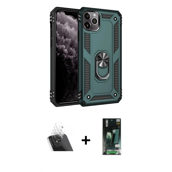 MARSİLYAN™- iPhone 11 Pro Kılıf Ahenk Klasik Koleksiyonu - Siyah 360 Mat Full Body Arka Koruyucu + Kamera Lens Koruma Cam - SF