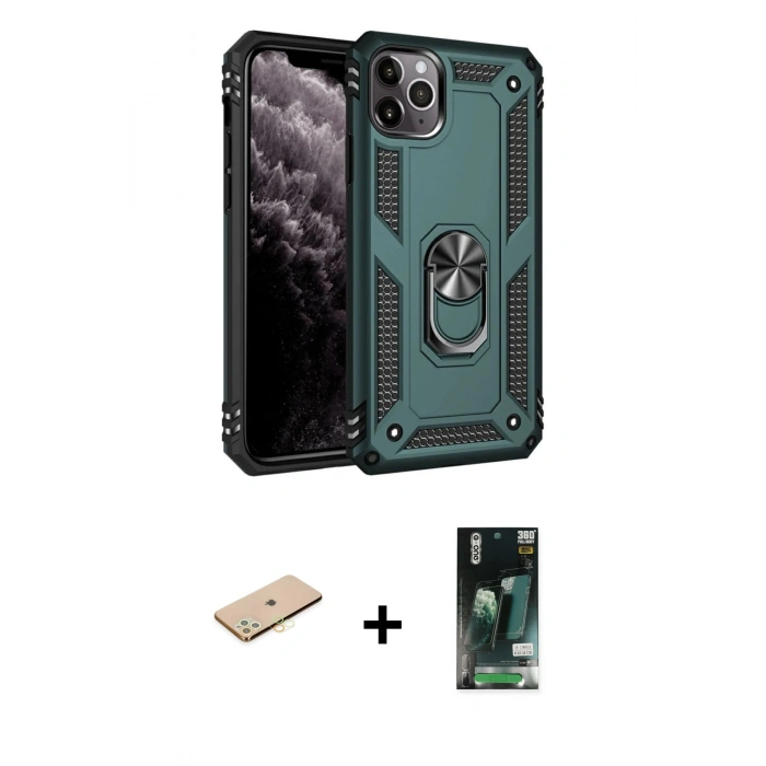 MARSİLYAN™- iPhone 11 Pro Kılıf Ahenk Klasik Koleksiyonu - Siyah 360 Mat Full Body Arka Koruyucu + Renkli Kamera Lens Koruma Cam - SI