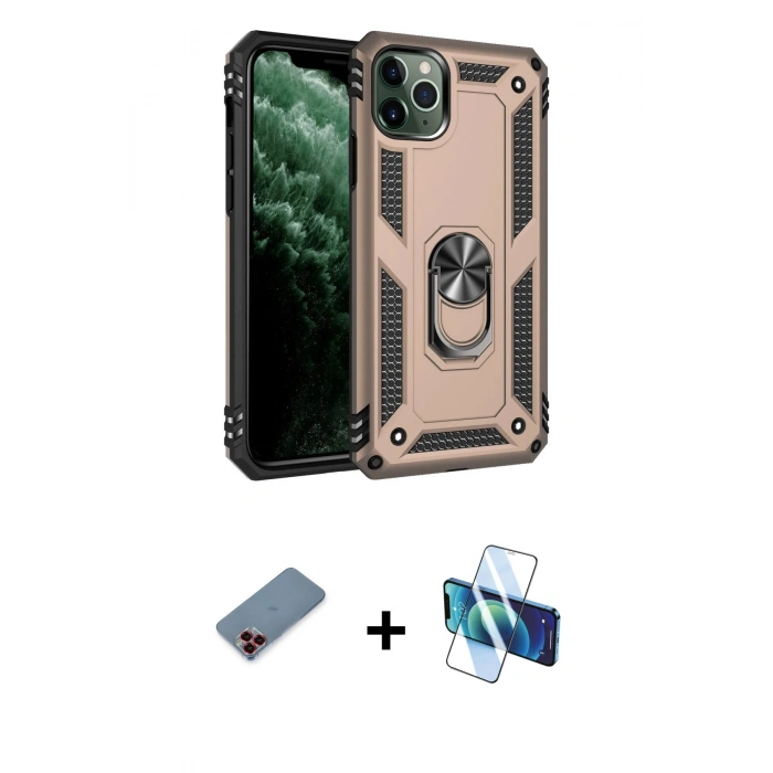 MARSİLYAN™- iPhone 11 Pro Kılıf Ahenk Klasik Koleksiyonu - Siyah 3D Antistatik Cam Ekran Koruyucu + Metal Kamera Lens Koruma Cam - KI
