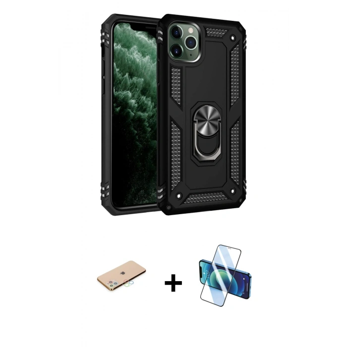 MARSİLYAN™- iPhone 11 Pro Kılıf Ahenk Klasik Koleksiyonu - Siyah 3D Antistatik Cam Ekran Koruyucu + Renkli Kamera Lens Koruma Cam - MI