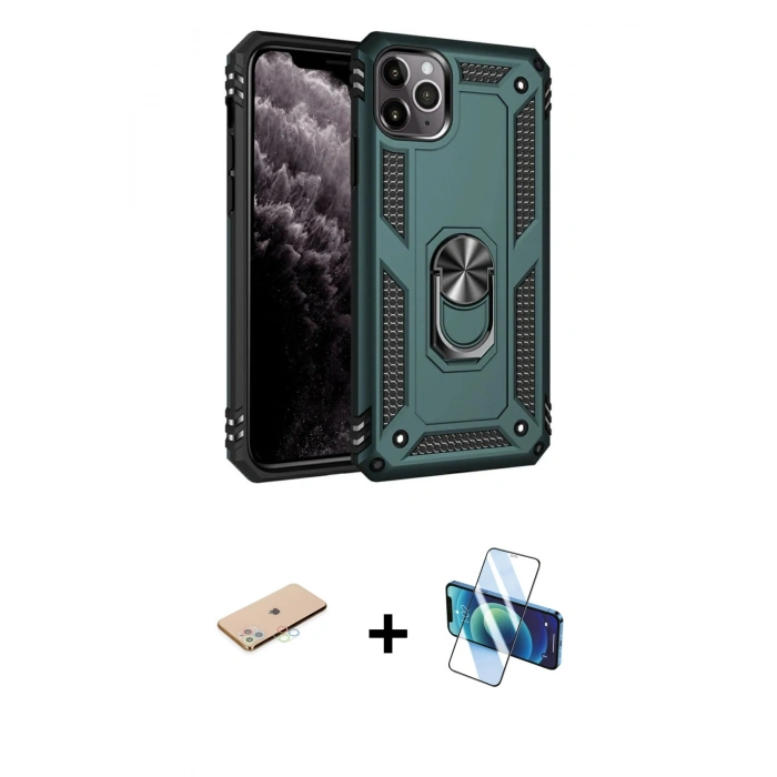 MARSİLYAN™- iPhone 11 Pro Kılıf Ahenk Klasik Koleksiyonu - Siyah 3D Antistatik Cam Ekran Koruyucu + Renkli Kamera Lens Koruma Cam - MI