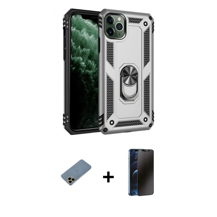 MARSİLYAN™- iPhone 11 Pro Kılıf Ahenk Klasik Koleksiyonu - Siyah 3D Antistatik Hayalet Cam Ekran Koruyucu + Shine Kamera Lens Koruma Cam - GD