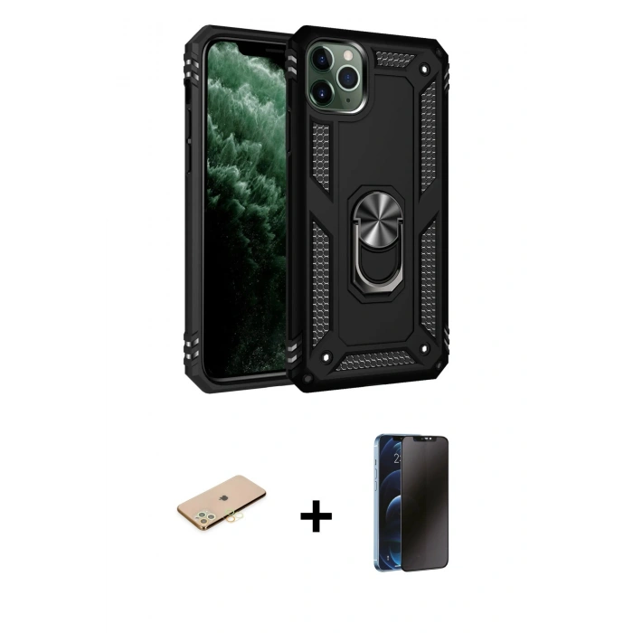 MARSİLYAN™- iPhone 11 Pro Kılıf Ahenk Klasik Koleksiyonu - Siyah 3D Antistatik Hayalet Cam Ekran Koruyucu + Renkli Kamera Lens Koruma Cam - SI
