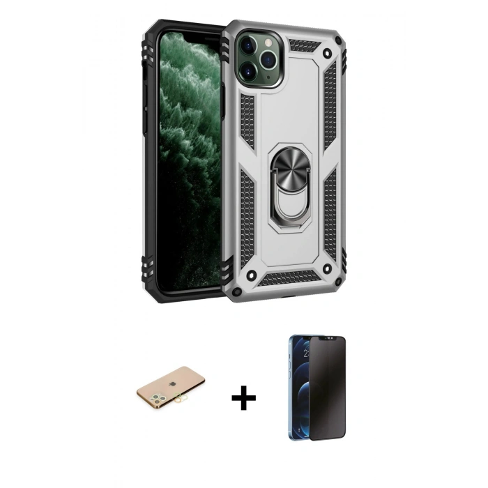 MARSİLYAN™- iPhone 11 Pro Kılıf Ahenk Klasik Koleksiyonu - Siyah 3D Antistatik Hayalet Cam Ekran Koruyucu + Renkli Kamera Lens Koruma Cam - SI