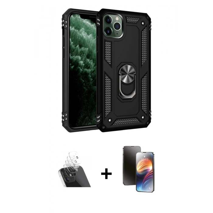 MARSİLYAN™- iPhone 11 Pro Kılıf Ahenk Klasik Koleksiyonu - Siyah 3D Antistatik Mat Seramik Nano Ekran Koruyucu + Kamera Lens Koruma Cam - SF