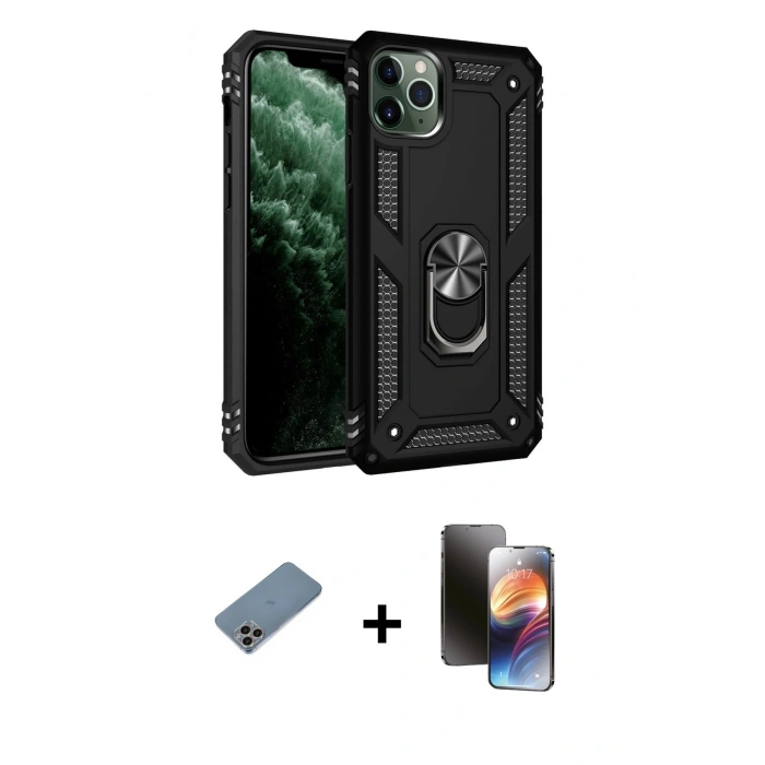 MARSİLYAN™- iPhone 11 Pro Kılıf Ahenk Klasik Koleksiyonu - Siyah 3D Antistatik Mat Seramik Nano Ekran Koruyucu + Shine Kamera Lens Koruma Cam - GI