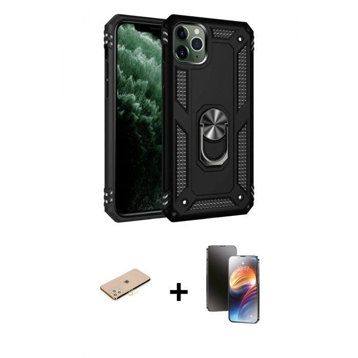 MARSİLYAN™- iPhone 11 Pro Kılıf Ahenk Klasik Koleksiyonu - Siyah 3D Antistatik Mat Seramik Nano Ekran Koruyucu + Pembe Renkli Kamera Lens Koruma Cam