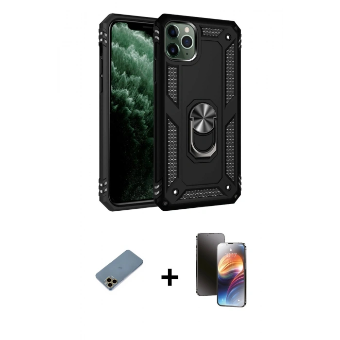 MARSİLYAN™- iPhone 11 Pro Kılıf Ahenk Klasik Koleksiyonu - Siyah 3D Antistatik Mat Seramik Nano Ekran Koruyucu + Gold Shine Kamera Lens Koruma Cam