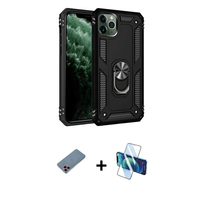 MARSİLYAN™- iPhone 11 Pro Kılıf Ahenk Klasik Koleksiyonu - Siyah 3D Antistatik Seramik Nano Ekran Koruyucu + Shine Kamera Lens Koruma Cam - PE