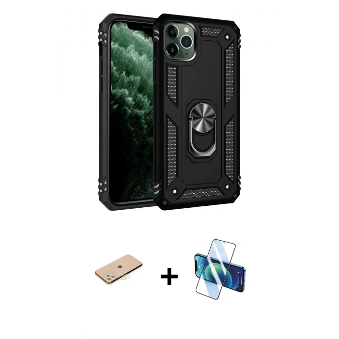 MARSİLYAN™- iPhone 11 Pro Kılıf Ahenk Klasik Koleksiyonu - Siyah 3D Antistatik Seramik Nano Ekran Koruyucu + Renkli Kamera Lens Koruma Cam - SI