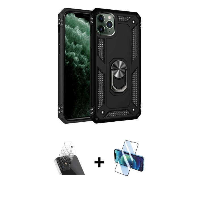 MARSİLYAN™- iPhone 11 Pro Kılıf Ahenk Klasik Koleksiyonu - Siyah 3D Antistatik Seramik Nano Ekran Koruyucu + Kamera Lens Koruma Cam - SF