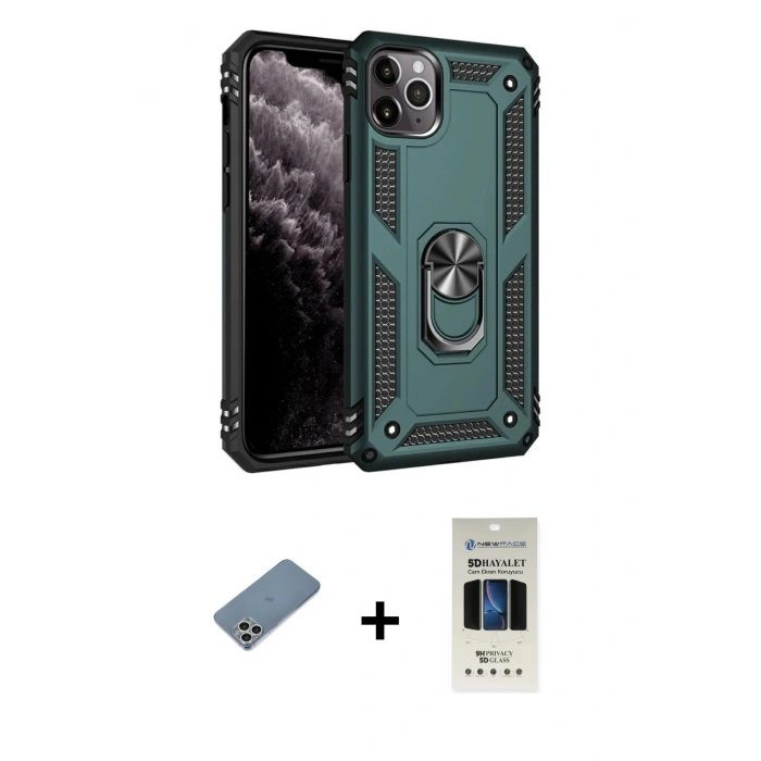 MARSİLYAN™- iPhone 11 Pro Kılıf Ahenk Klasik Koleksiyonu - Siyah 5D Hayalet Cam Ekran Koruyucu + Shine Kamera Lens Koruma Cam - GS