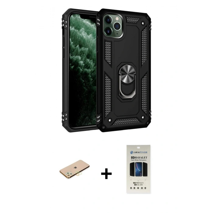 MARSİLYAN™- iPhone 11 Pro Kılıf Ahenk Klasik Koleksiyonu - Siyah 5D Hayalet Cam Ekran Koruyucu + Renkli Kamera Lens Koruma Cam - SI