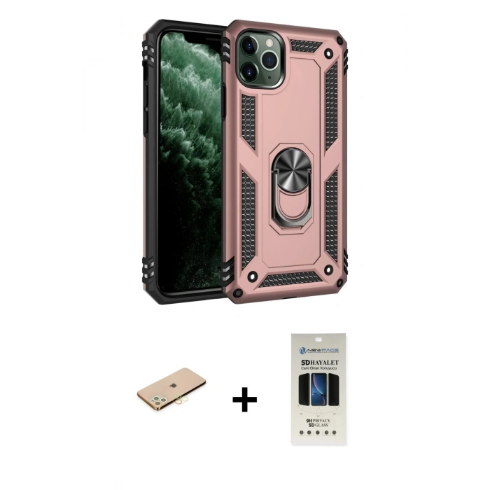 MARSİLYAN™- iPhone 11 Pro Kılıf Ahenk Klasik Koleksiyonu - Siyah 5D Hayalet Cam Ekran Koruyucu + Renkli Kamera Lens Koruma Cam - SI