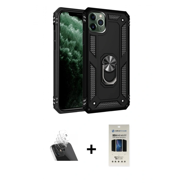 MARSİLYAN™- iPhone 11 Pro Kılıf Ahenk Klasik Koleksiyonu - Siyah 5D Hayalet Cam Ekran Koruyucu + Kamera Lens Koruma Cam - SF