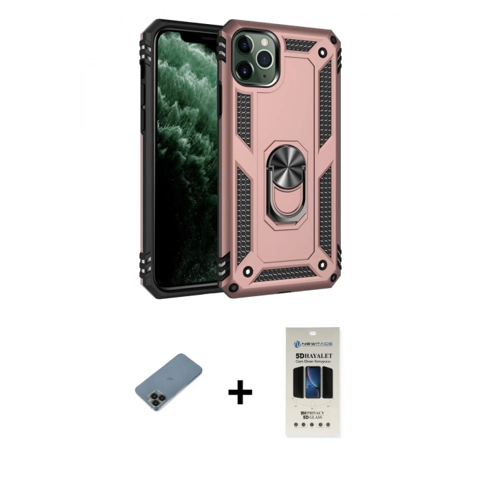 MARSİLYAN™- iPhone 11 Pro Kılıf Ahenk Klasik Koleksiyonu - Siyah 5D Hayalet Cam Ekran Koruyucu + Shine Kamera Lens Koruma Cam - SH