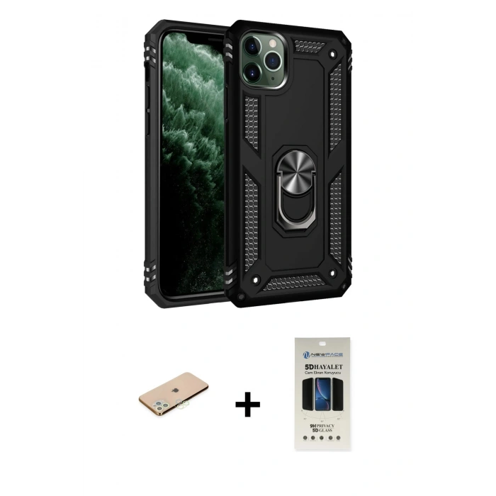 MARSİLYAN™- iPhone 11 Pro Kılıf Ahenk Klasik Koleksiyonu - Siyah 5D Hayalet Cam Ekran Koruyucu + Renkli Kamera Lens Koruma Cam - YL