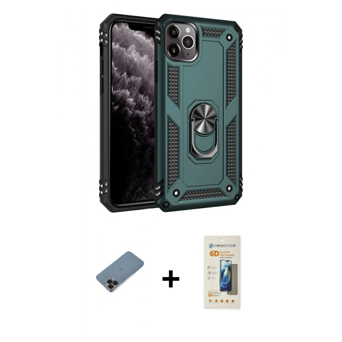 MARSİLYAN™- iPhone 11 Pro Kılıf Ahenk Klasik Koleksiyonu - Siyah 6D Mat Seramik Hayalet Nano Ekran Koruyucu + Shine Kamera Lens Koruma Cam - SH