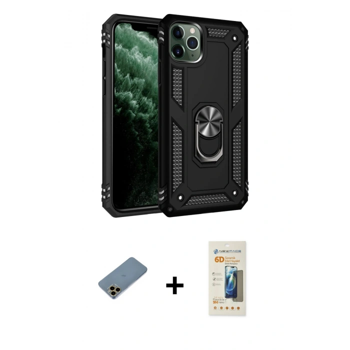 MARSİLYAN™- iPhone 11 Pro Kılıf Ahenk Klasik Koleksiyonu - Siyah 6D Mat Seramik Hayalet Nano Ekran Koruyucu + Shine Kamera Lens Koruma Cam - GD