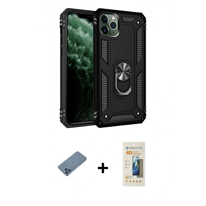 MARSİLYAN™- iPhone 11 Pro Kılıf Ahenk Klasik Koleksiyonu - Siyah 6D Mat Seramik Hayalet Nano Ekran Koruyucu + Shine Kamera Lens Koruma Cam - MI