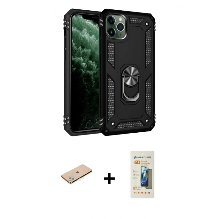 MARSİLYAN™- iPhone 11 Pro Kılıf Ahenk Klasik Koleksiyonu - Siyah 6D Mat Seramik Hayalet Nano Ekran Koruyucu + Renkli Kamera Lens Koruma Cam - YL