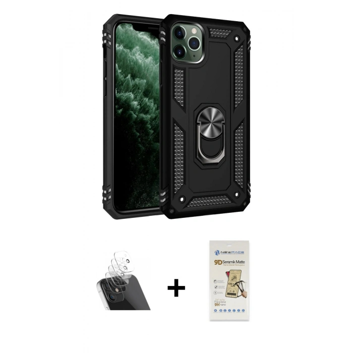 MARSİLYAN™- iPhone 11 Pro Kılıf Ahenk Klasik Koleksiyonu - Siyah Mat Seramik Nano Ekran Koruyucu + Şeffaf Kamera Lens Koruma Cam