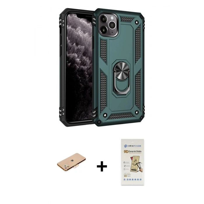MARSİLYAN™- iPhone 11 Pro Kılıf Ahenk Klasik Koleksiyonu - Siyah Mat Seramik Nano Ekran Koruyucu + Renkli Kamera Lens Koruma Cam - TU