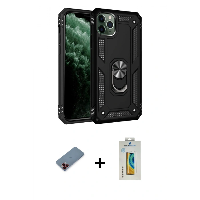 MARSİLYAN™- iPhone 11 Pro Kılıf Ahenk Klasik Koleksiyonu - Siyah Polymer Nano Ekran Koruyucu + Metal Kamera Lens Koruma Cam - KI