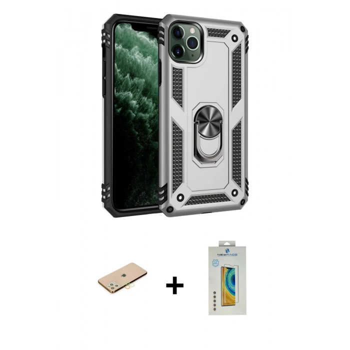 MARSİLYAN™- iPhone 11 Pro Kılıf Ahenk Klasik Koleksiyonu - Siyah Polymer Nano Ekran Koruyucu + Renkli Kamera Lens Koruma Cam - PE