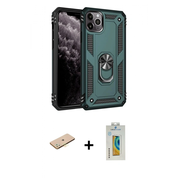 MARSİLYAN™- iPhone 11 Pro Kılıf Ahenk Klasik Koleksiyonu - Siyah Polymer Nano Ekran Koruyucu + Renkli Kamera Lens Koruma Cam - PE