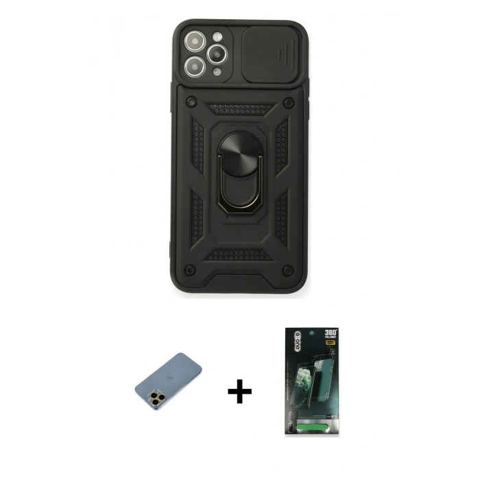 MARSİLYAN™- iPhone 11 Pro Kılıf Ahenk Klasik - Şeffaf 360 Full Body Arka Koruyucu + Shine Kamera Lens Koruma Cam - GD