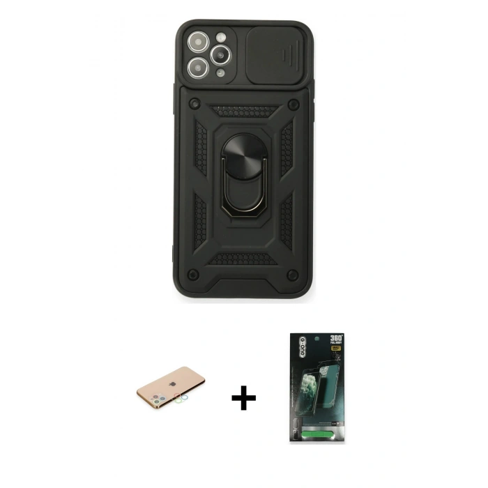 MARSİLYAN™- iPhone 11 Pro Kılıf Ahenk Klasik - Şeffaf 360 Full Body Arka Koruyucu + Renkli Kamera Lens Koruma Cam - MI