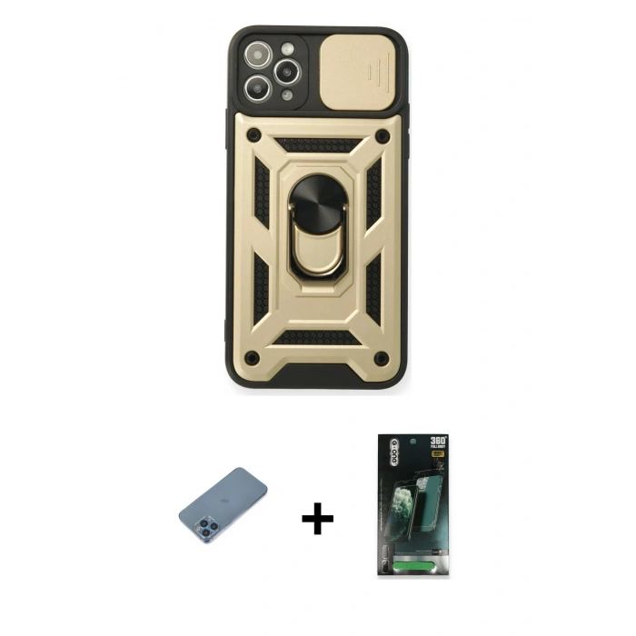 MARSİLYAN™- iPhone 11 Pro Kılıf Ahenk Klasik - Şeffaf 360 Full Body Arka Koruyucu + Shine Kamera Lens Koruma Cam - MI