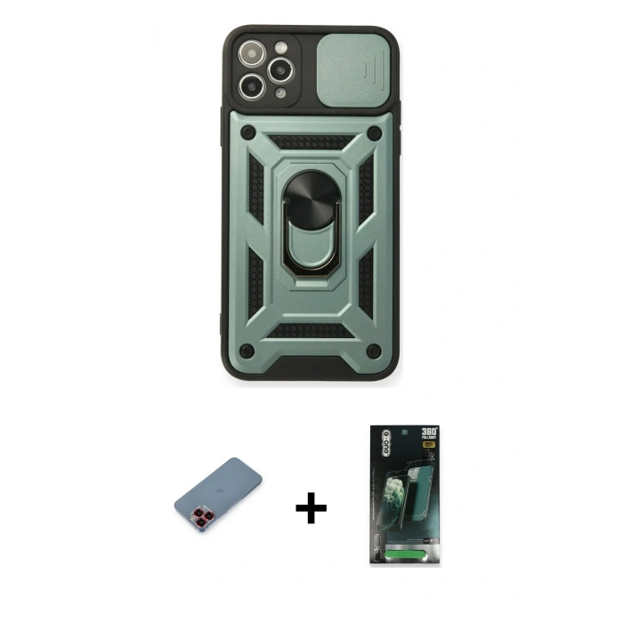 MARSİLYAN™- iPhone 11 Pro Kılıf Ahenk Klasik - Şeffaf 360 Full Body Arka Koruyucu + Metal Kamera Lens Koruma Cam - KI