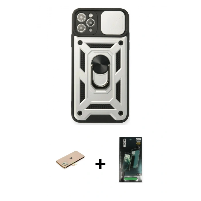 MARSİLYAN™- iPhone 11 Pro Kılıf Ahenk Klasik - Şeffaf 360 Full Body Arka Koruyucu + Renkli Kamera Lens Koruma Cam - PE