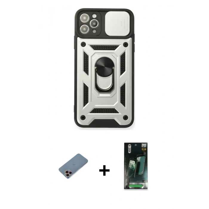 MARSİLYAN™- iPhone 11 Pro Kılıf Ahenk Klasik - Şeffaf 360 Full Body Arka Koruyucu + Shine Kamera Lens Koruma Cam - PE