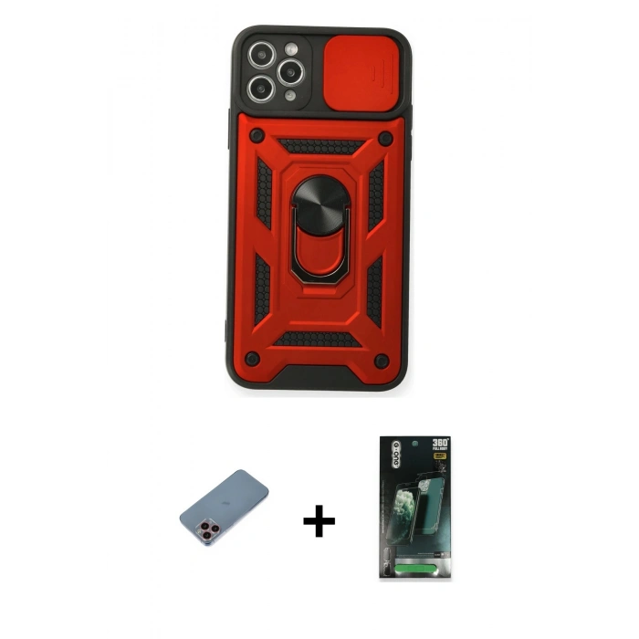 MARSİLYAN™- iPhone 11 Pro Kılıf Ahenk Klasik - Şeffaf 360 Full Body Arka Koruyucu + Shine Kamera Lens Koruma Cam - PE