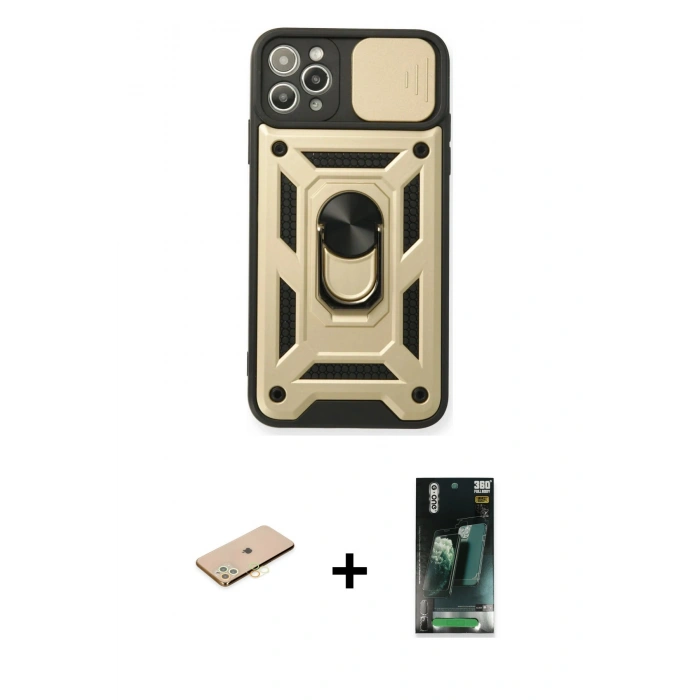 MARSİLYAN™- iPhone 11 Pro Kılıf Ahenk Klasik - Şeffaf 360 Full Body Arka Koruyucu + Renkli Kamera Lens Koruma Cam - SI