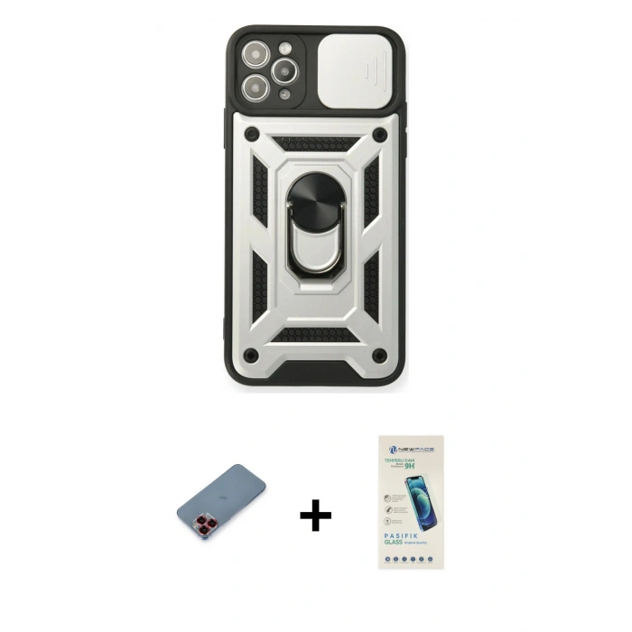 MARSİLYAN™- iPhone 11 Pro Kılıf Ahenk Klasik - Şeffaf Pasifik Cam Ekran Koruyucu + Metal Kamera Lens Koruma Cam - KI