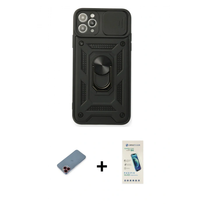 MARSİLYAN™- iPhone 11 Pro Kılıf Ahenk Klasik - Şeffaf Pasifik Cam Ekran Koruyucu + Metal Kamera Lens Koruma Cam - KI