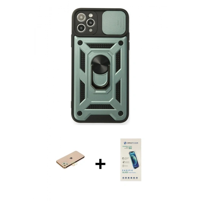 MARSİLYAN™- iPhone 11 Pro Kılıf Ahenk Klasik - Şeffaf Pasifik Cam Ekran Koruyucu + Renkli Kamera Lens Koruma Cam - PE
