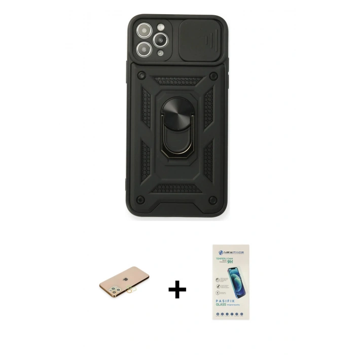 MARSİLYAN™- iPhone 11 Pro Kılıf Ahenk Klasik - Şeffaf Pasifik Cam Ekran Koruyucu + Renkli Kamera Lens Koruma Cam - SI