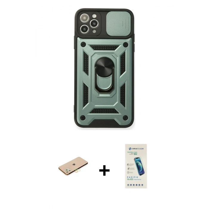 MARSİLYAN™- iPhone 11 Pro Kılıf Ahenk Klasik - Şeffaf Pasifik Cam Ekran Koruyucu + Renkli Kamera Lens Koruma Cam - SI